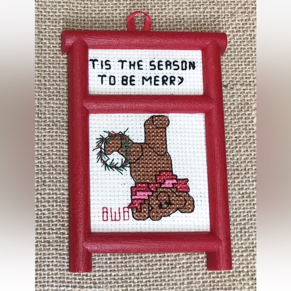 Vintage Framed Cross Stitch Teddy Bear Ornament Christmas Kitsch Whimsical Fun